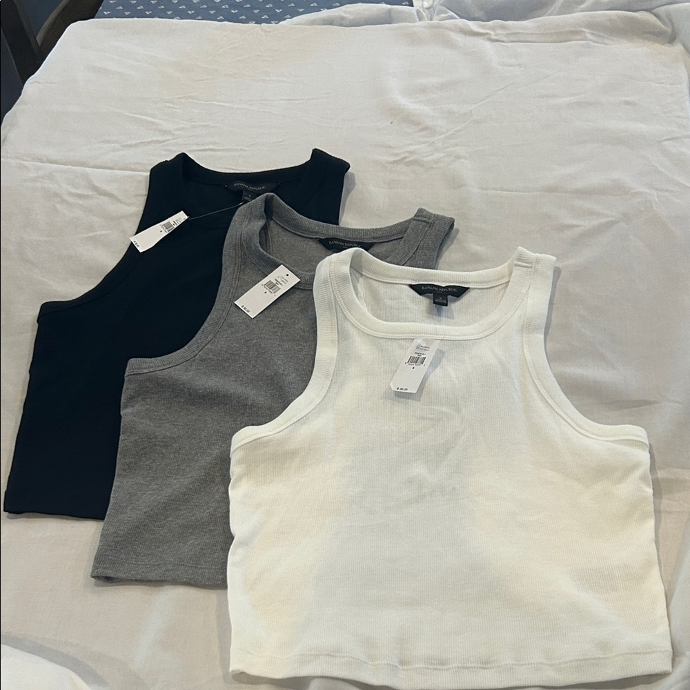 Buy all 3! Black, grey and white ribbed cropped tanks from Banana Republic.